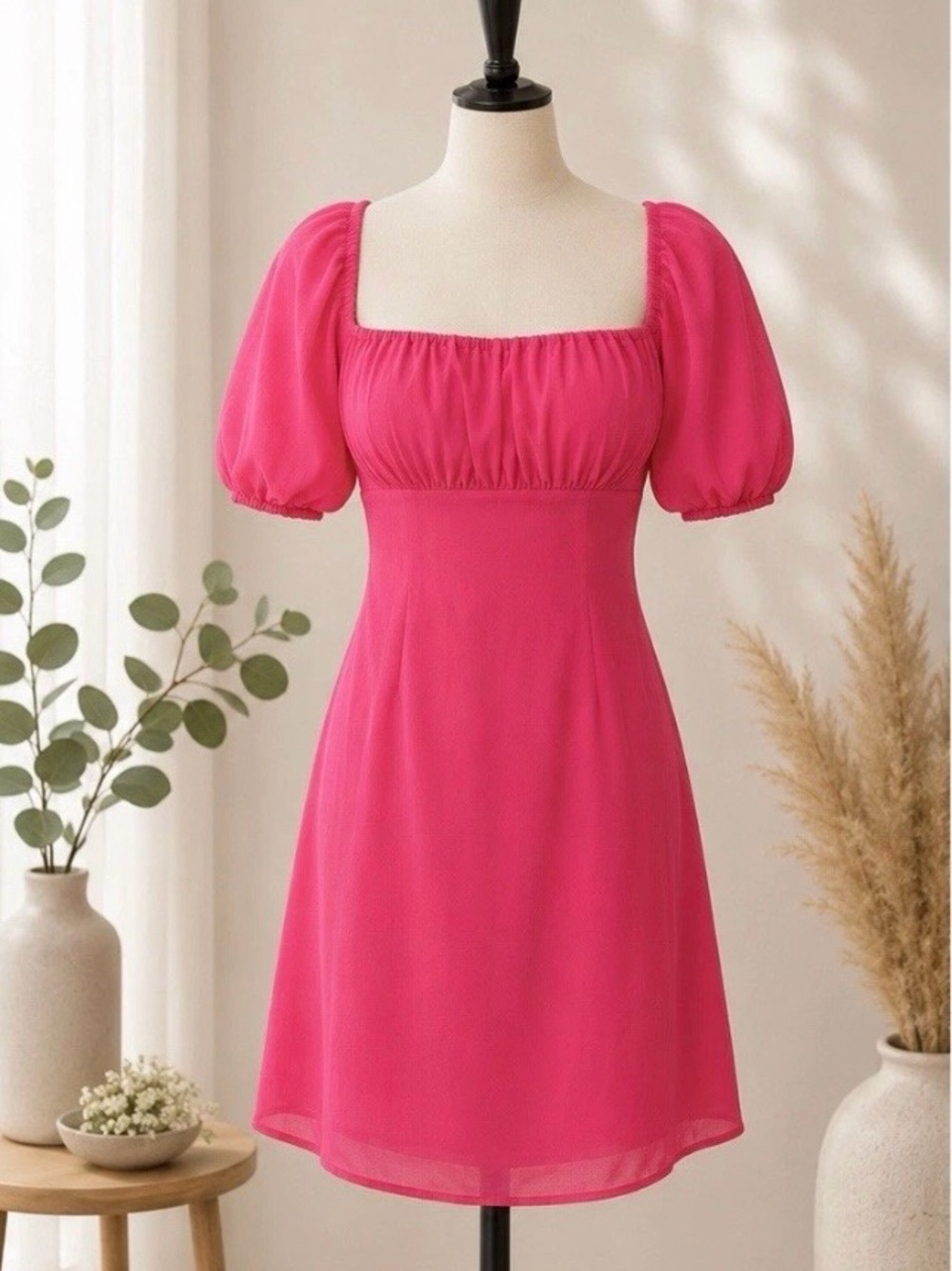 Women’s Size M Hot Pink Mini Dress Puff Sleeve Square Neck Open Back Tie Wedding